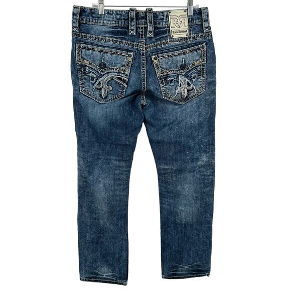 Men's Distressed Rock Revival Pruitt Straight Leg Blue Denim Jeans Embroidered - Picture 6 of 8